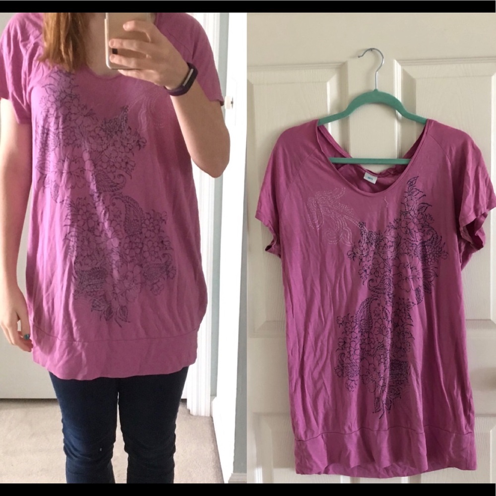 💕 M&S Pink Fruit Top with Silver Floral Design Size Large